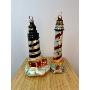 Lot‎ Of 2 Christopher Radko Cape Hatteras Lighthouse Ornaments Handblown Glass